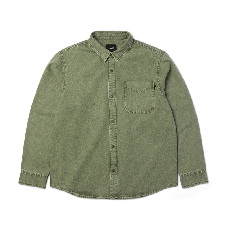 HUF Carson Overdyed Denim Long Sleeve Shirt Olive