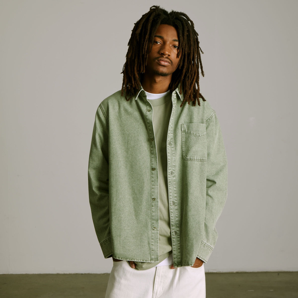 HUF Carson Overdyed Denim Long Sleeve Shirt Olive