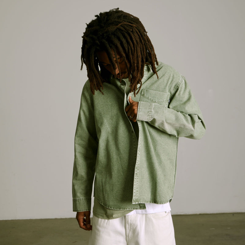HUF Carson Overdyed Denim Long Sleeve Shirt Olive