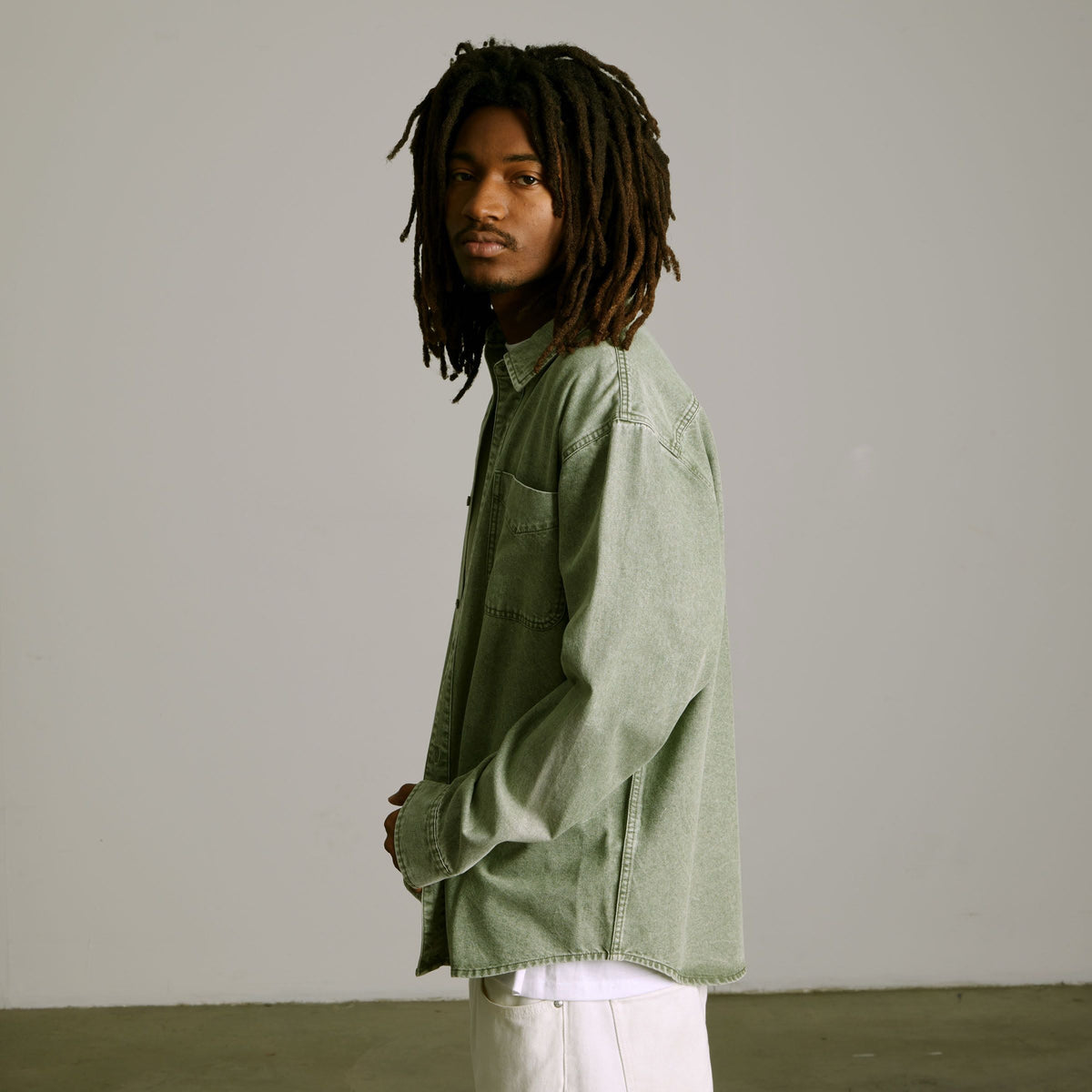 HUF Carson Overdyed Denim Long Sleeve Shirt Olive