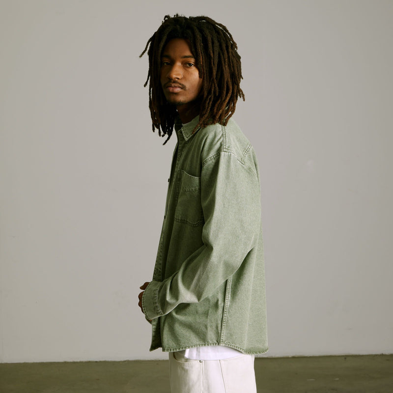 HUF Carson Overdyed Denim Long Sleeve Shirt Olive
