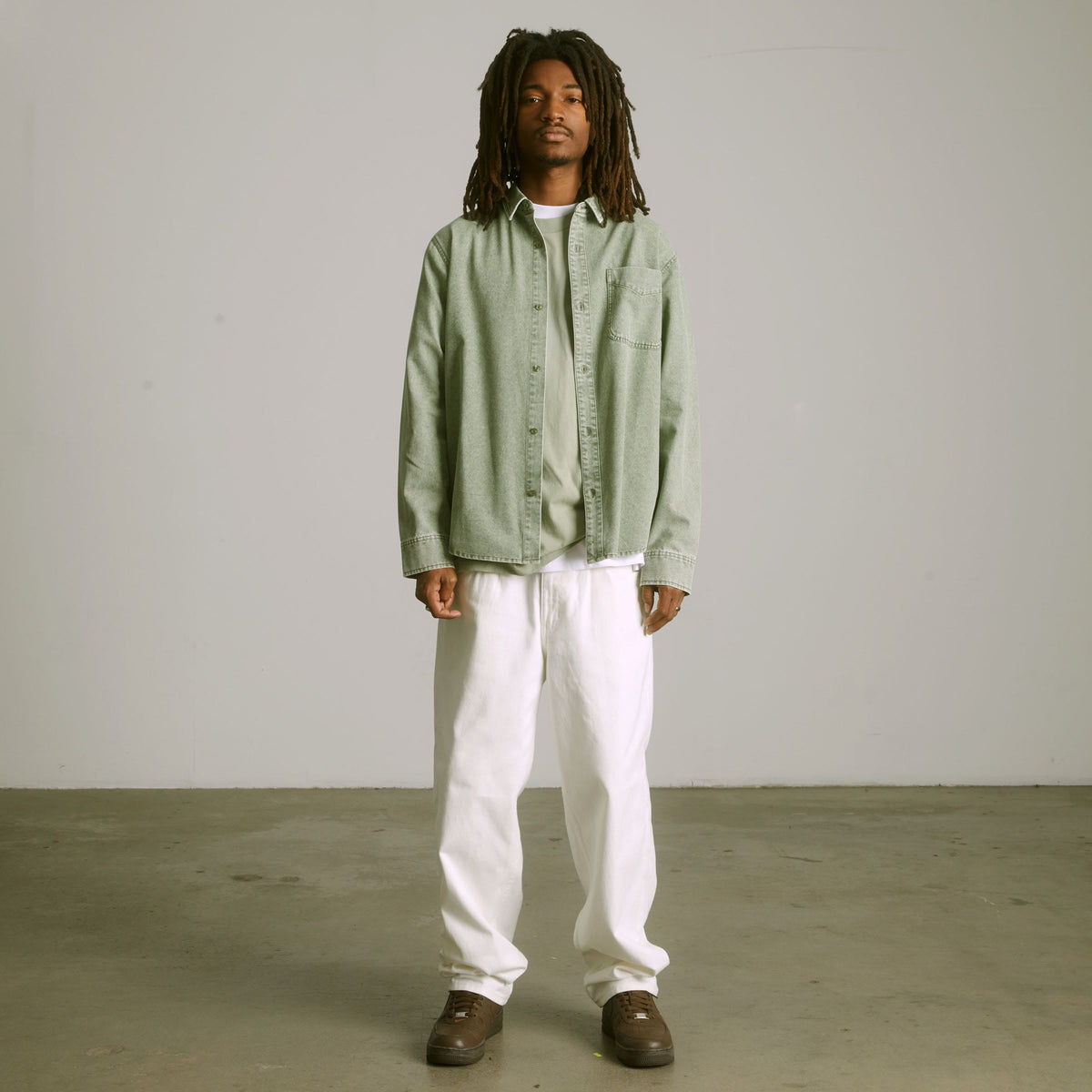 HUF Carson Overdyed Denim Long Sleeve Shirt Olive