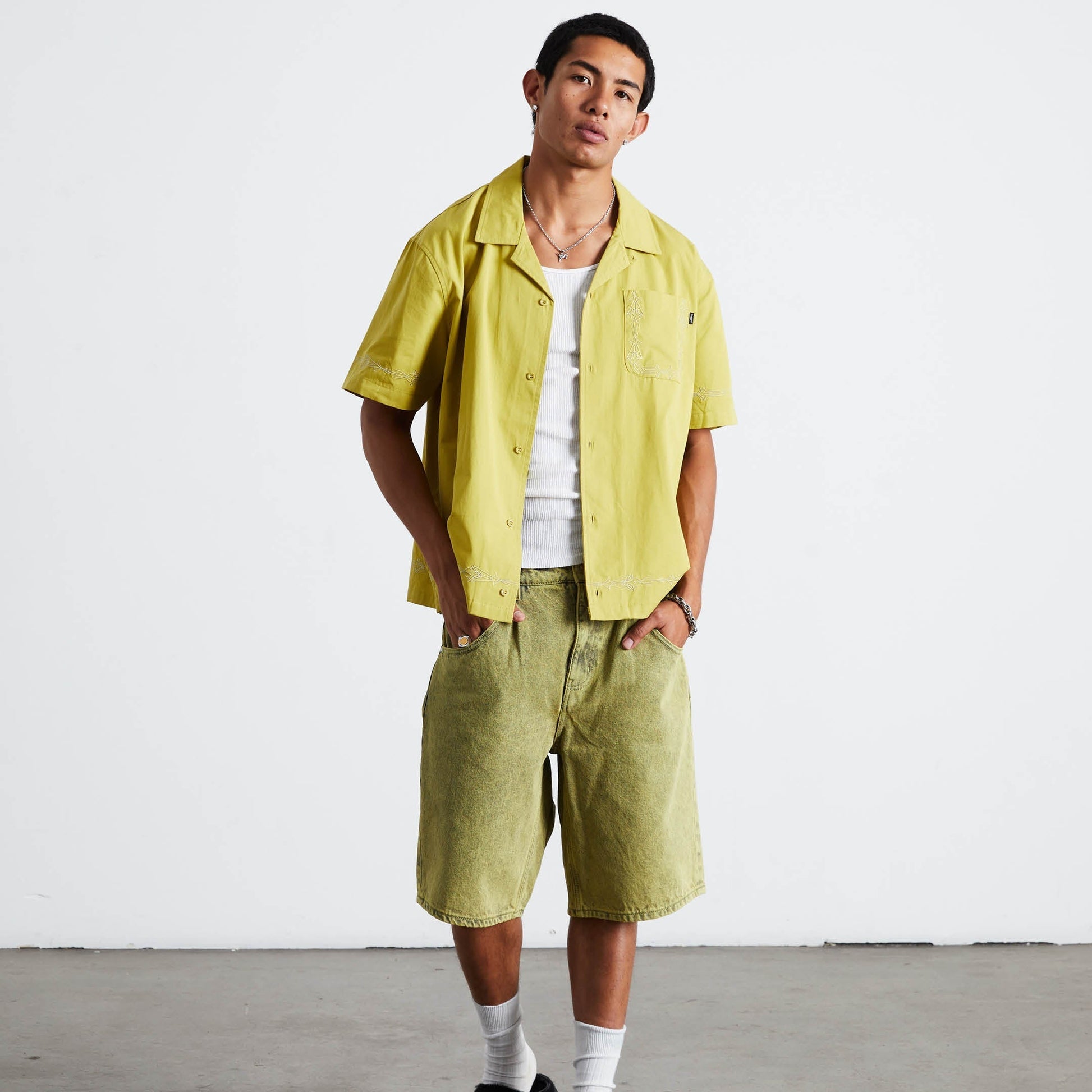 Huf Pinstripe Embroidered Resort Shirt Avocado