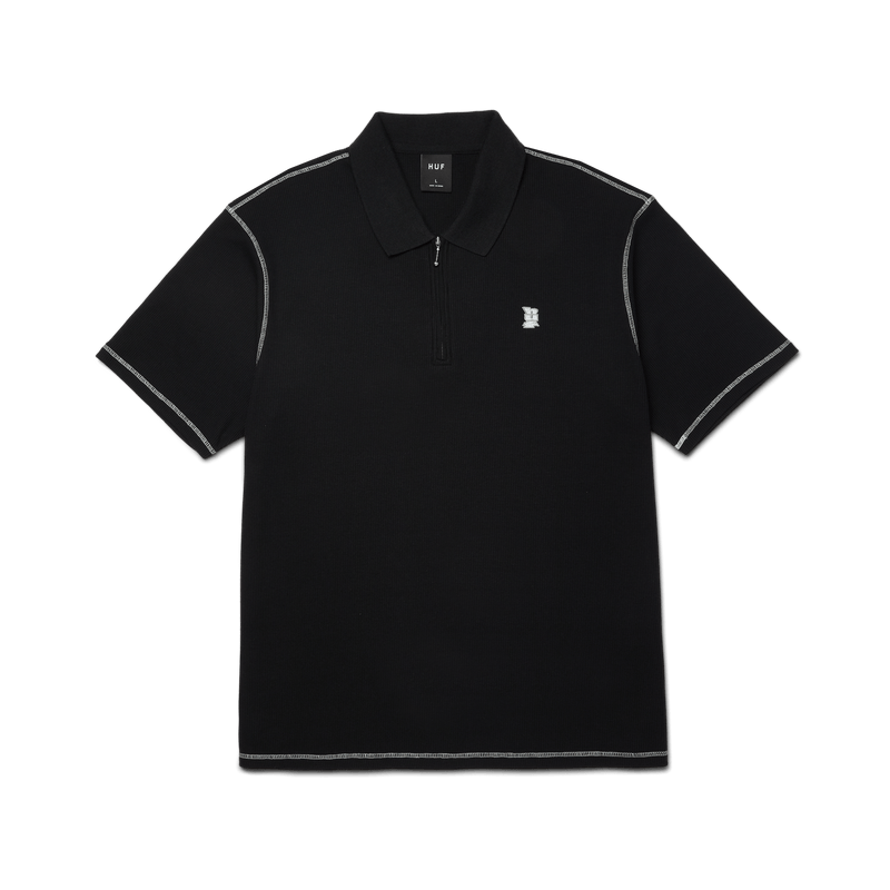Huf Waffle Knit Contrast Polo Top Black