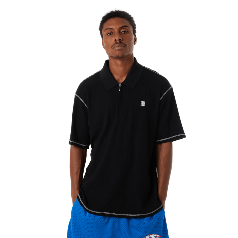 Huf Waffle Knit Contrast Polo Top Black