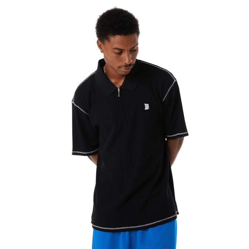 Huf Waffle Knit Contrast Polo Top Black